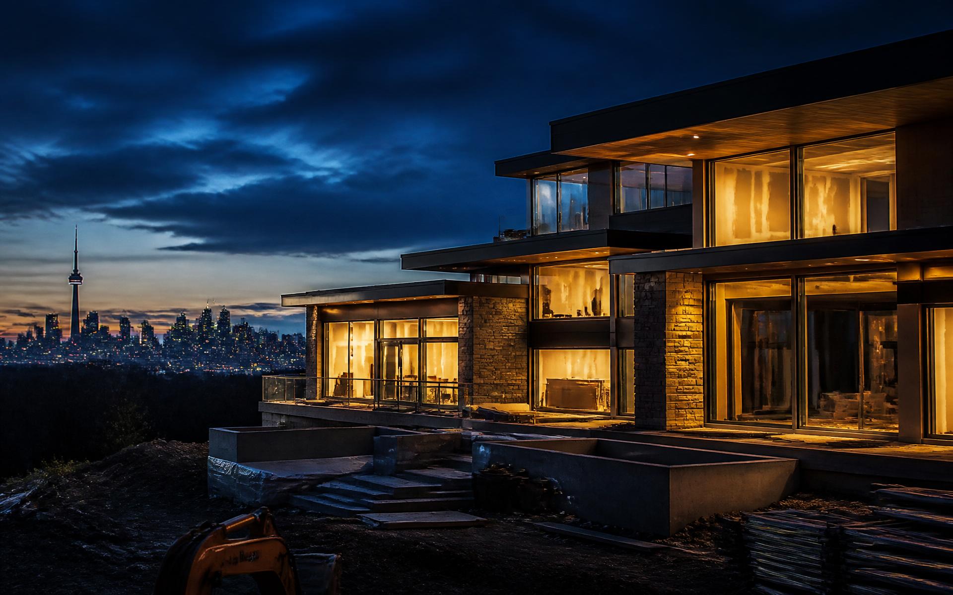 Modern Canadian residence under construction at twilight